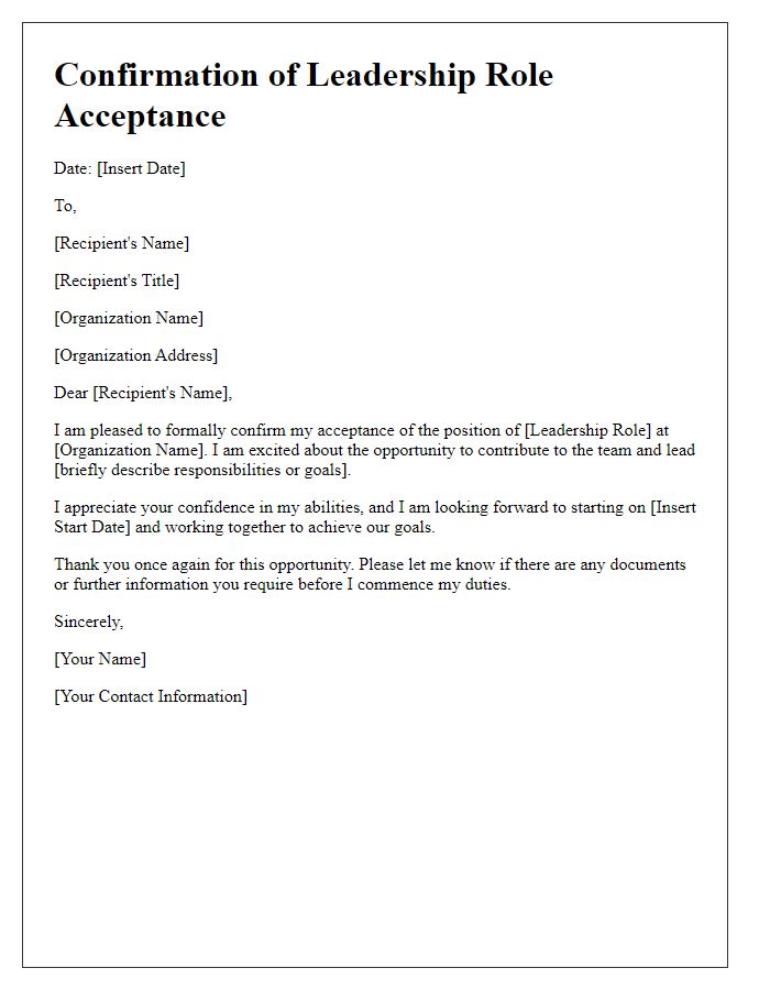 Letter template of Confirmation for Leadership Role Acceptance