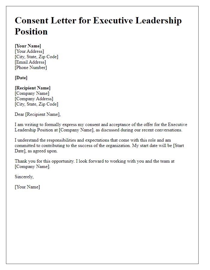 Letter template of Consent for Executive Leadership Position