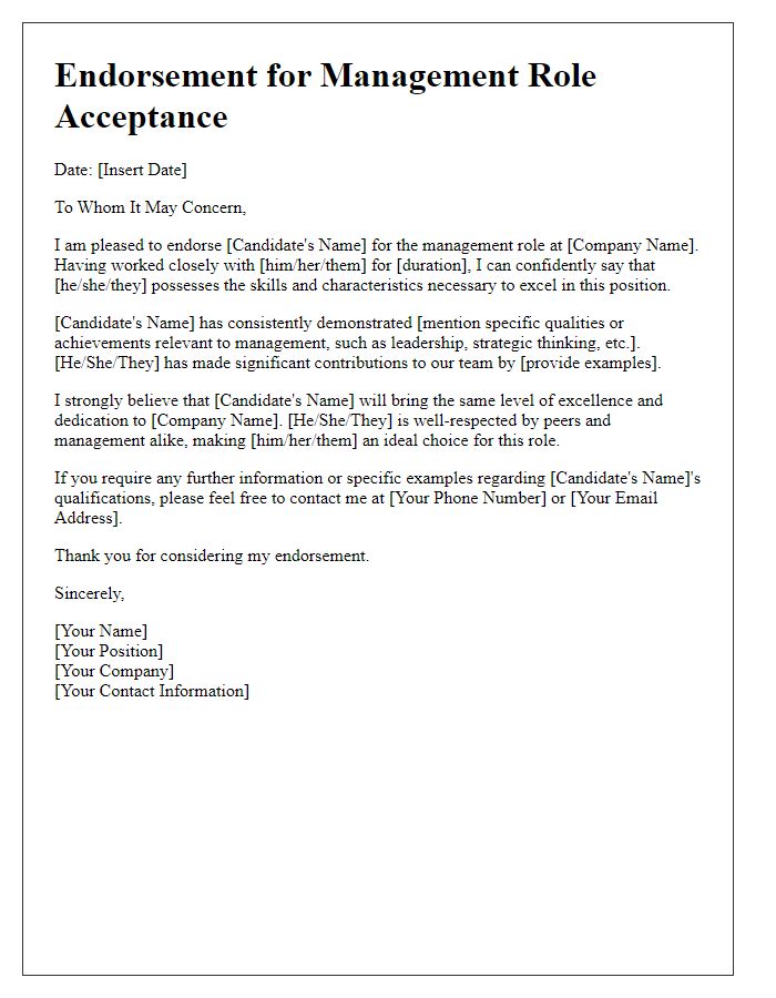 Letter template of Endorsement for Management Role Acceptance