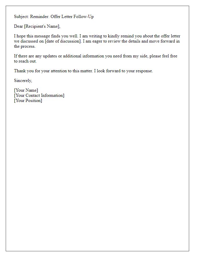 Letter template of reminder email about offer letter