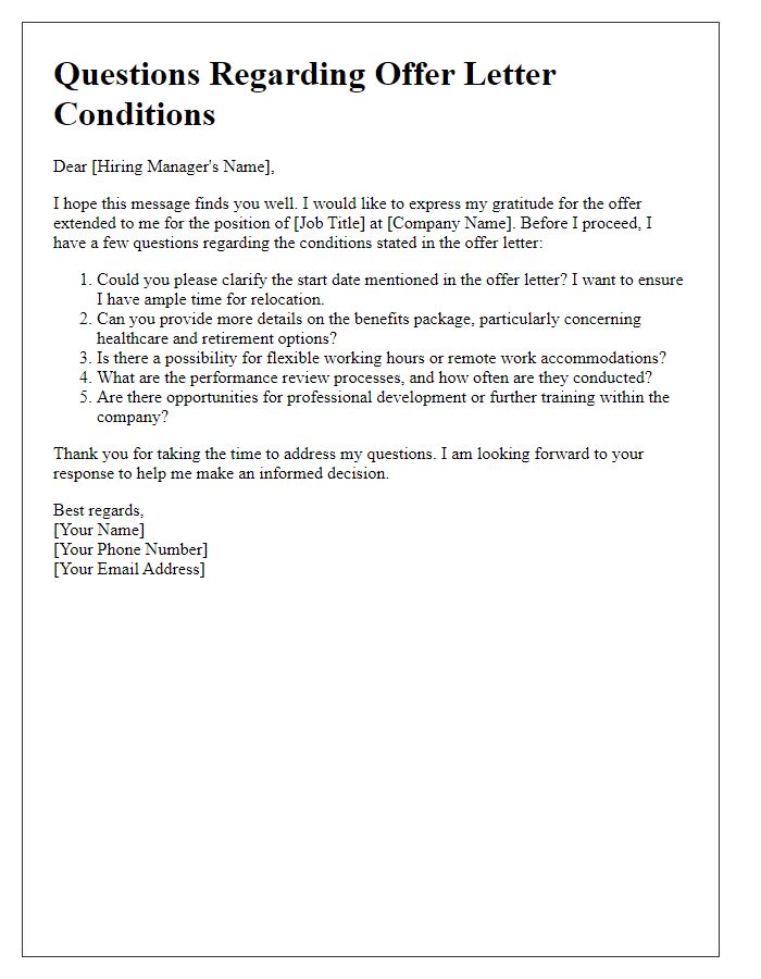 Letter template of questions concerning offer letter conditions