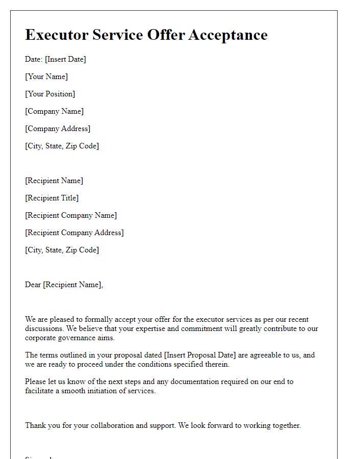 Letter template of executor service offer acceptance for corporate governance.