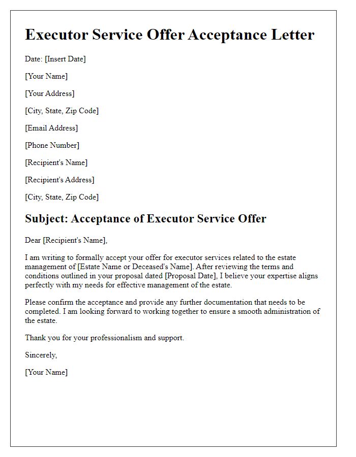 Letter template of executor service offer acceptance for estate management.