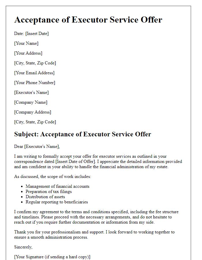 Letter template of executor service offer acceptance for financial administration.