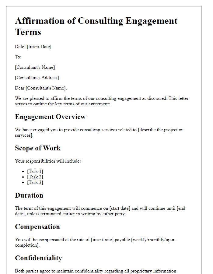 Letter template of affirmation of consulting engagement terms