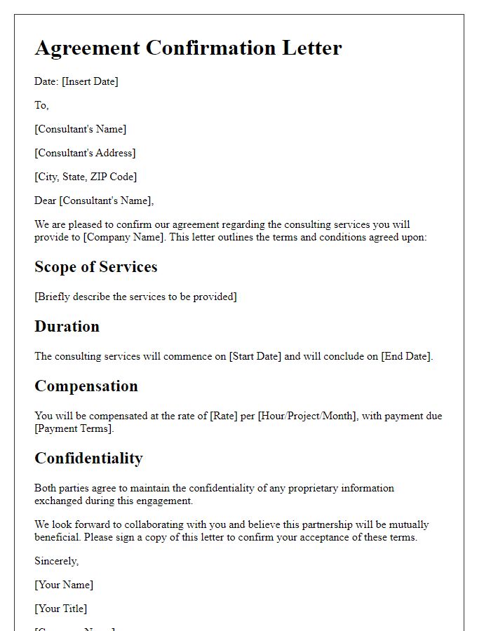 Letter template of agreement confirmation for consulting services