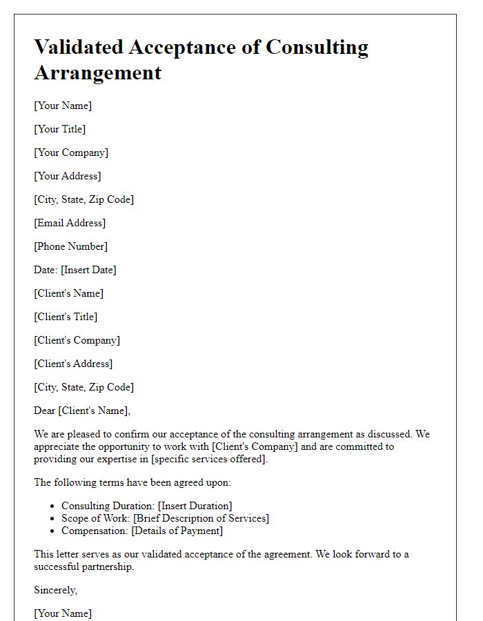 Letter template of validated acceptance for consulting arrangement