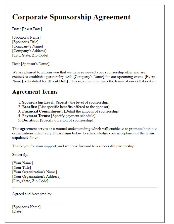 Letter template of Agreement to Corporate Sponsorship Offer