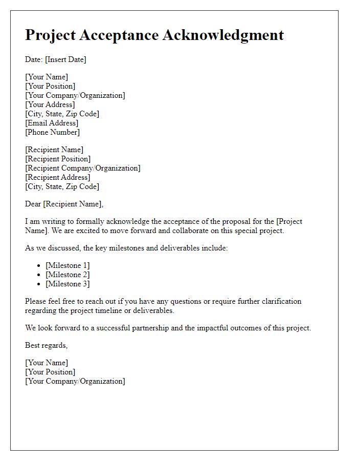 Letter template of acknowledgment for special project acceptance