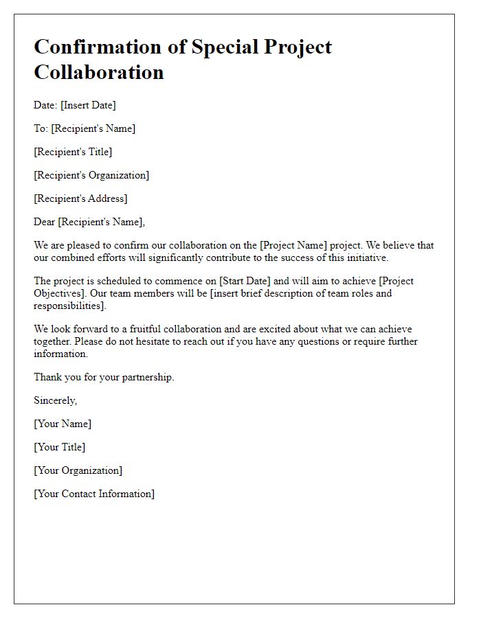 Letter template of confirmation for special project collaboration