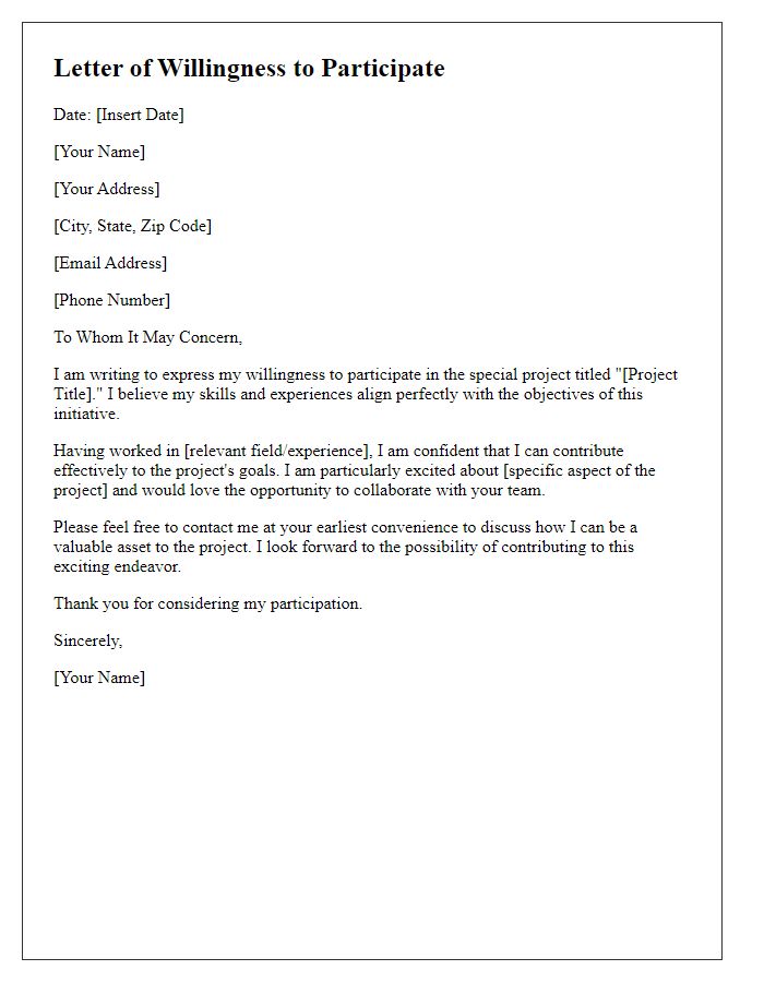 Letter template of willingness to participate in special project