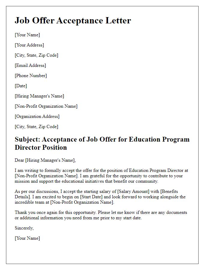 Letter template of Non-Profit Job Offer Acceptance for Education Program Director