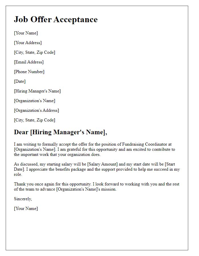 Letter template of Non-Profit Job Offer Acceptance for Fundraising Coordinator