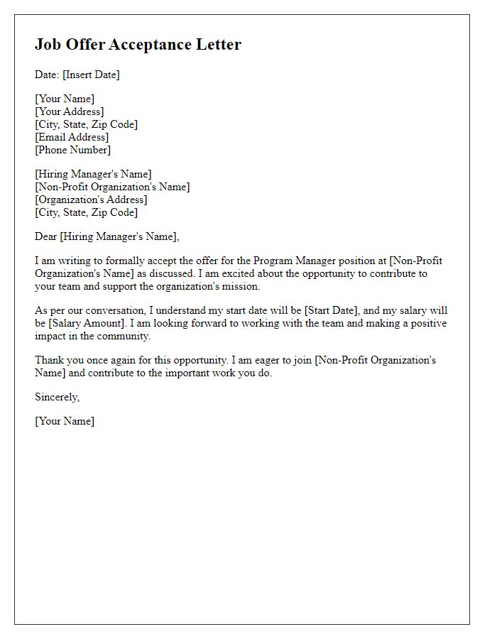 Letter template of Non-Profit Job Offer Acceptance for Program Manager