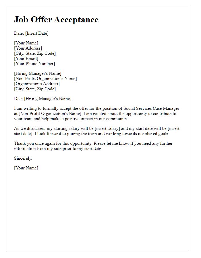 Letter template of Non-Profit Job Offer Acceptance for Social Services Case Manager