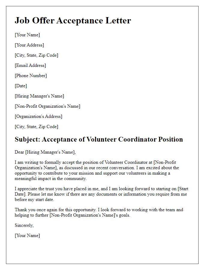 Letter template of Non-Profit Job Offer Acceptance for Volunteer Coordinator