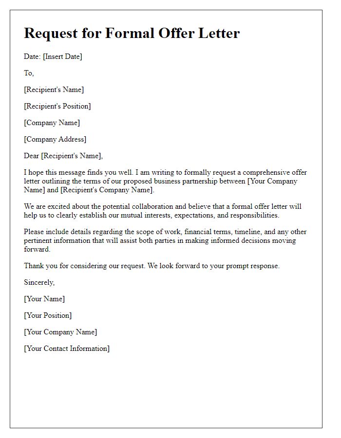 Letter template of formal offer letter request for a business partnership.