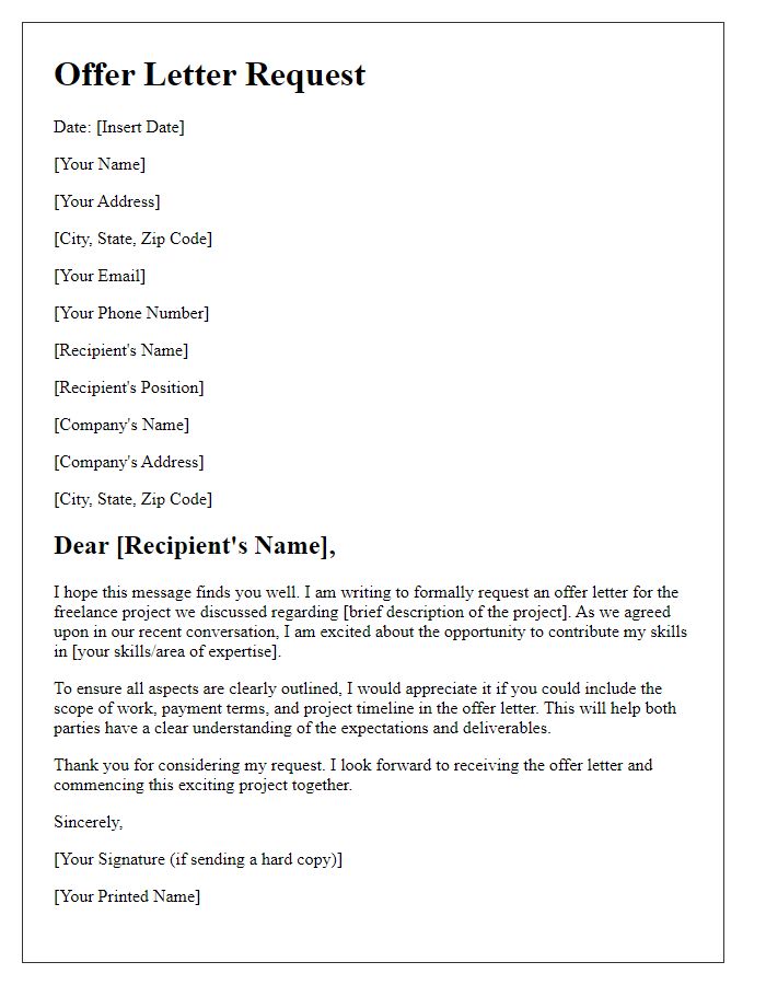 Letter template of formal offer letter request for a freelance project.