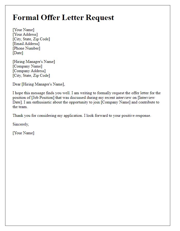 Letter template of formal offer letter request for a job position.