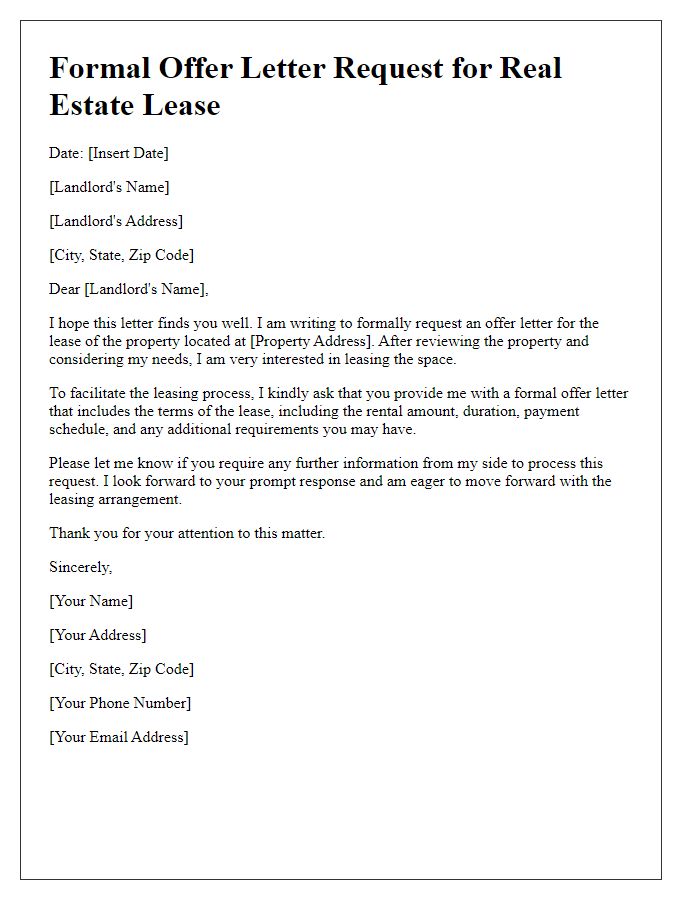 Letter template of formal offer letter request for a real estate lease.