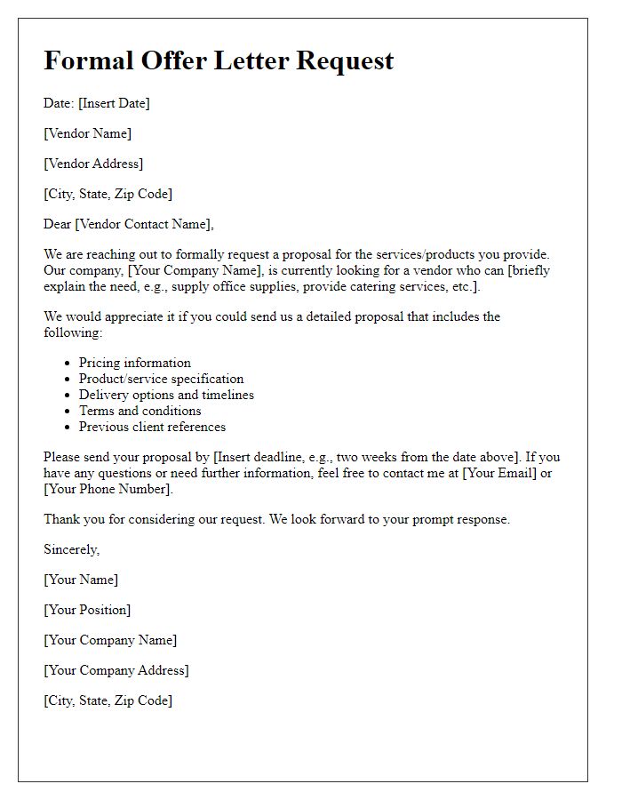 Letter template of formal offer letter request for a vendor proposal.