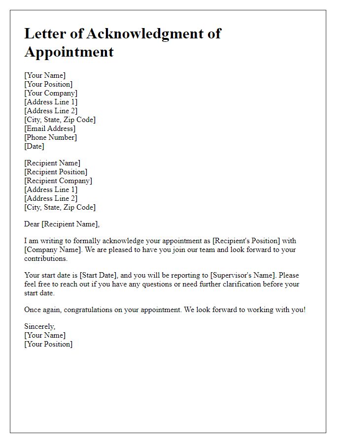 Letter template of acknowledgment of appointment