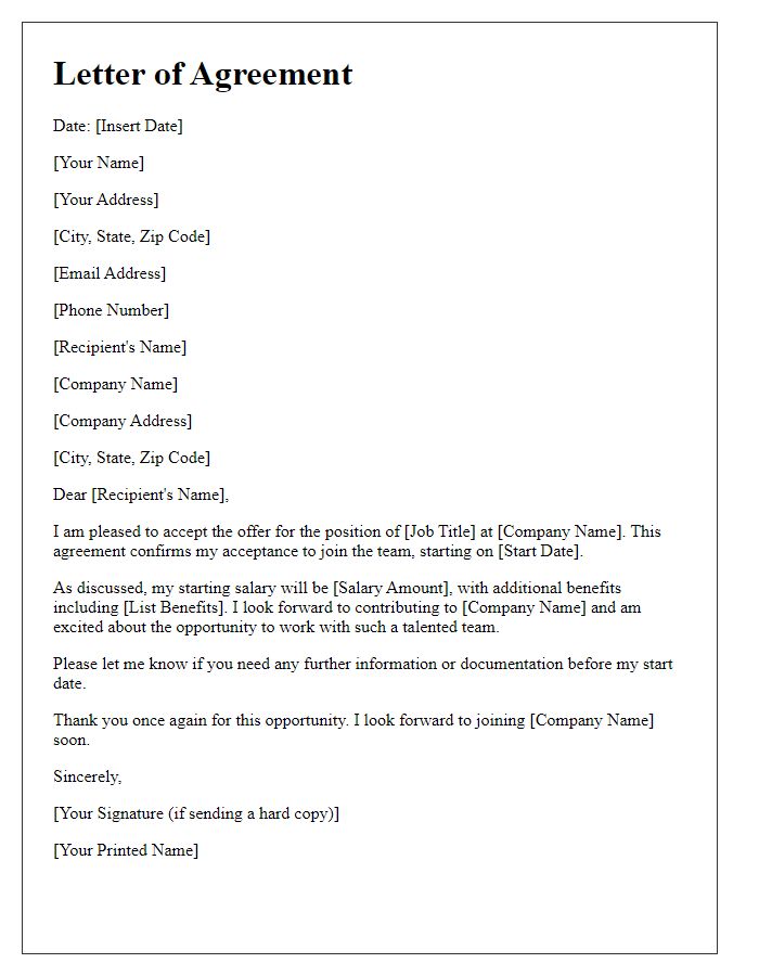 Letter template of agreement to join position