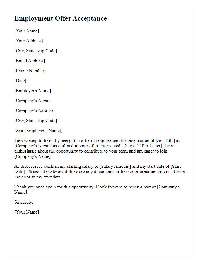 Letter template of employment offer acceptance