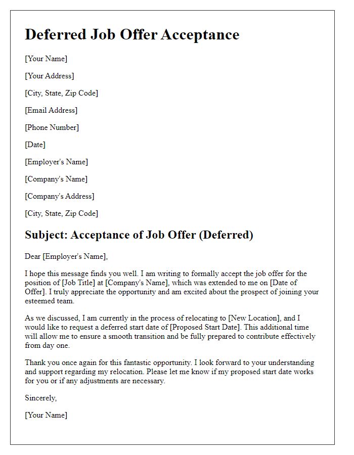 Letter template of deferred job offer acceptance for pending relocation.