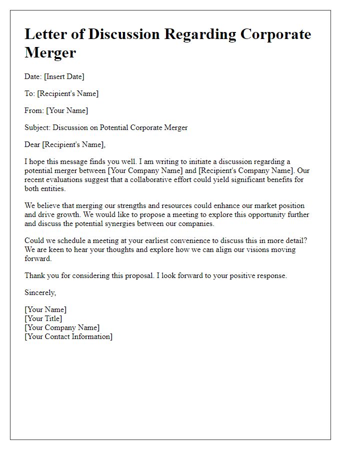 Letter template of corporate merger discussion