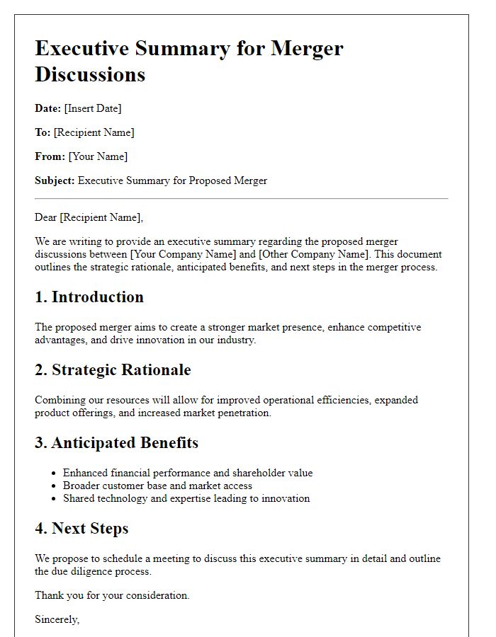 Letter template of executive summary for merger discussions