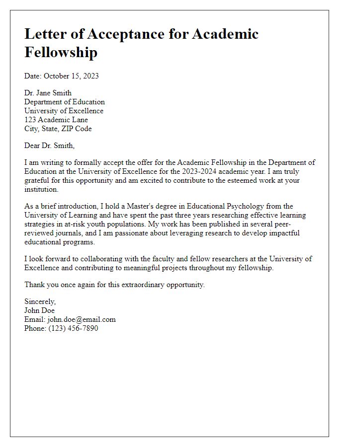 Letter template of academic fellowship offer acceptance with a brief biography