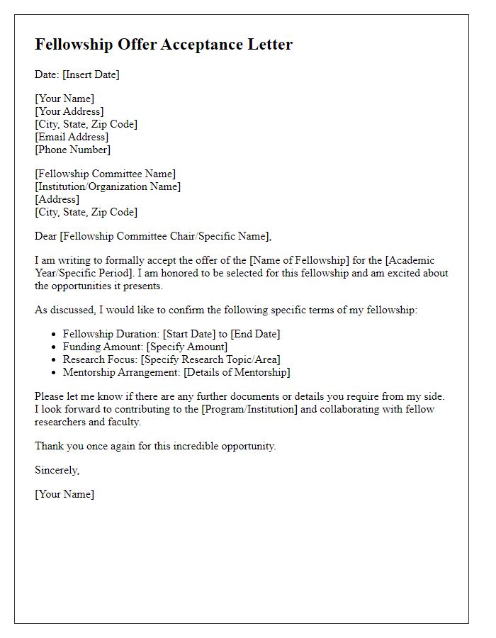 Letter template of academic fellowship offer acceptance with specific terms