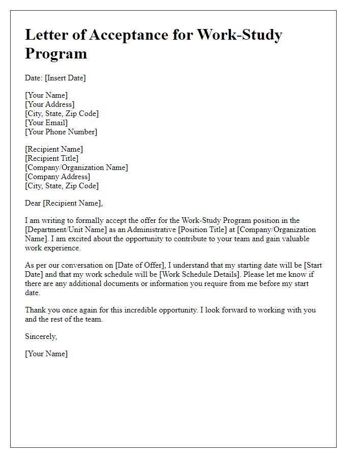 Letter template of work-study program offer acceptance for administrative positions