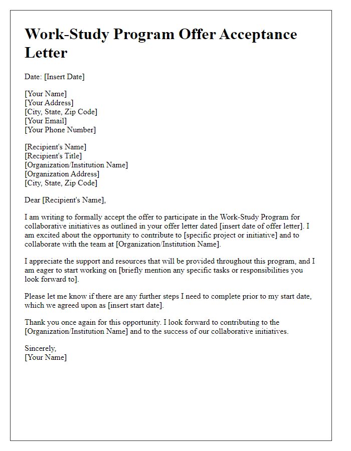 Letter template of work-study program offer acceptance for collaborative initiatives