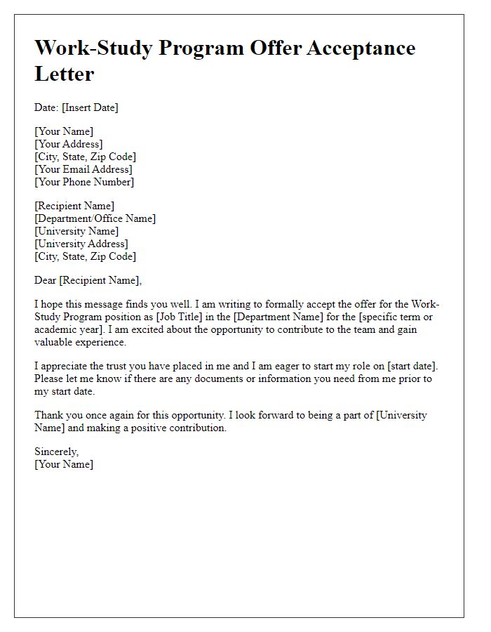 Letter template of work-study program offer acceptance for on-campus employment