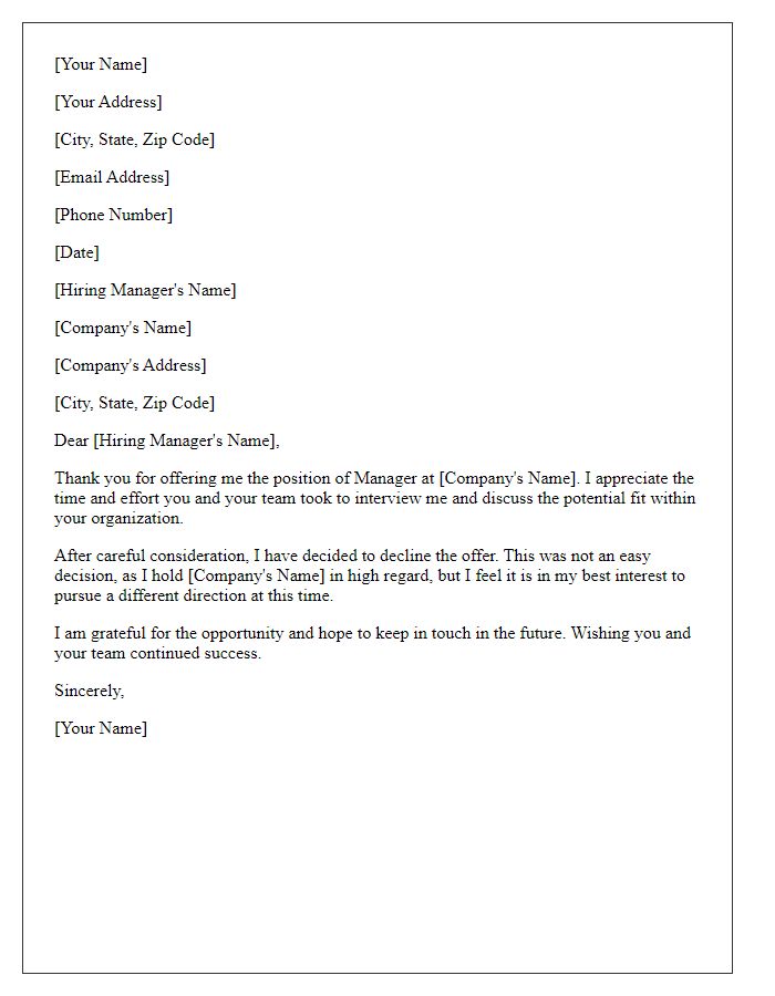 Letter template of formally rejecting a managerial position