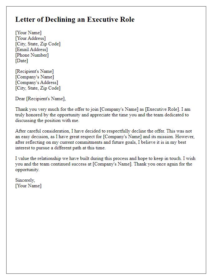 Letter template of respectfully turning down an executive role