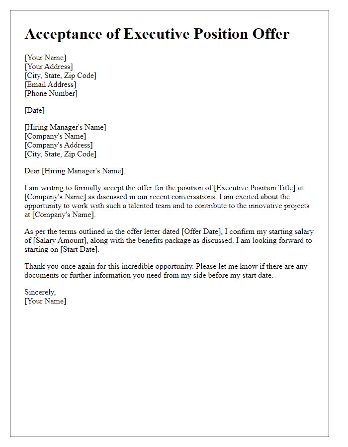 Letter template of acceptance for executive position offer