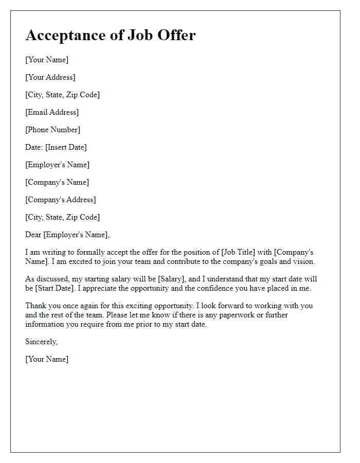 Letter template of acceptance for top management role offer