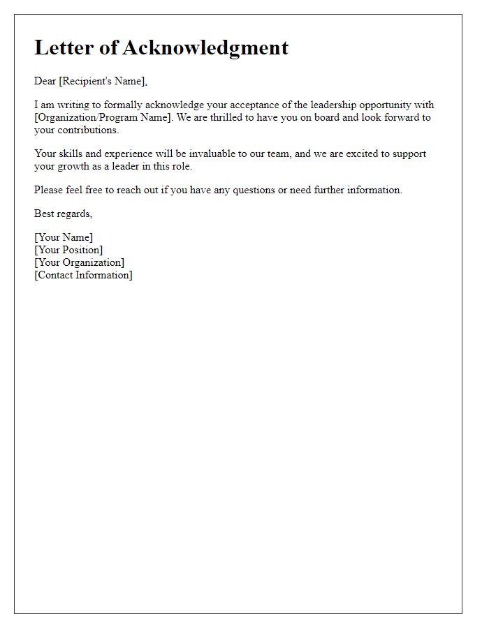 Letter template of acknowledgment for leadership opportunity acceptance