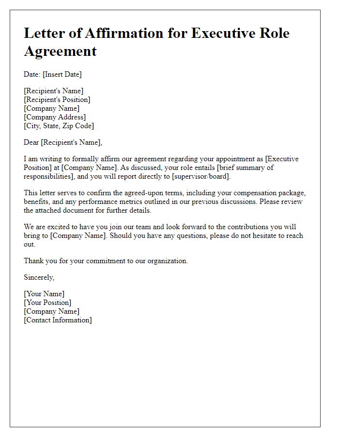 Letter template of affirmation for executive role agreement