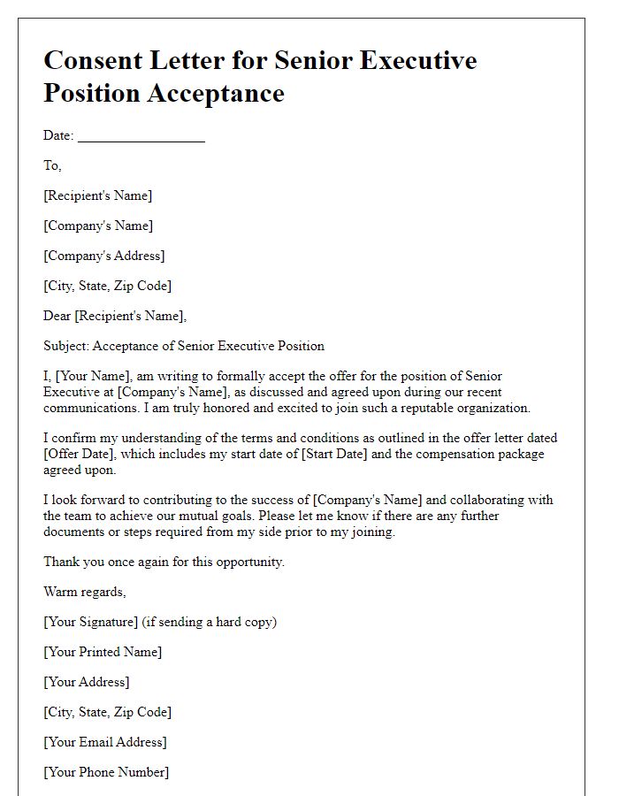 Letter template of consent for senior executive position acceptance