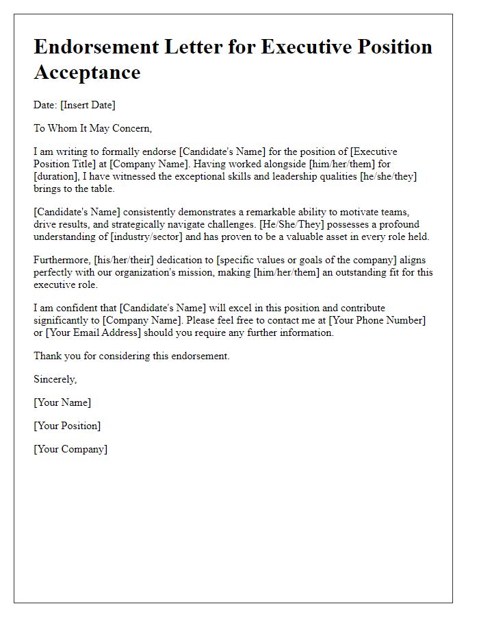 Letter template of endorsement for executive position acceptance