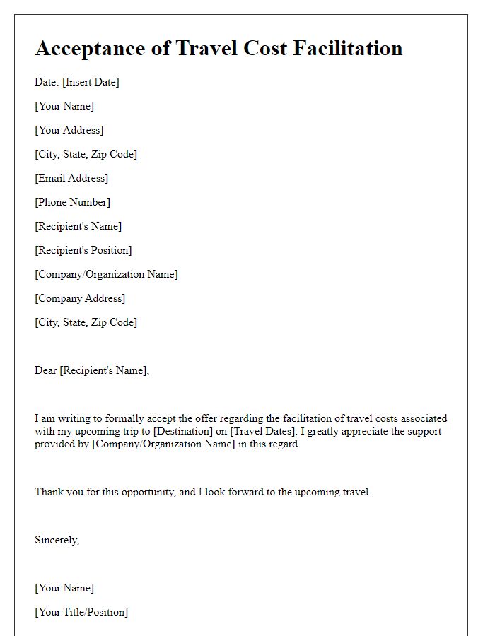 Letter template of acceptance regarding travel cost facilitation.