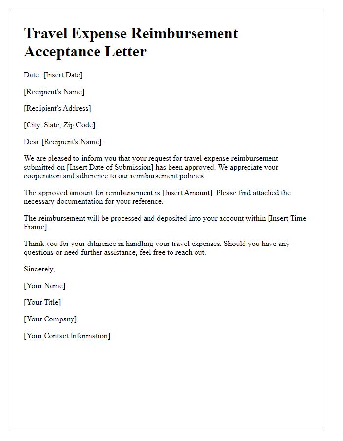 Letter template of acceptance for travel expense reimbursement.