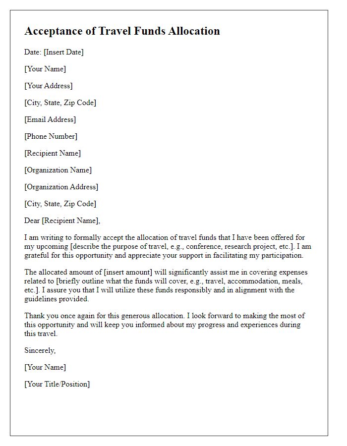 Letter template of acceptance for travel funds allocation.