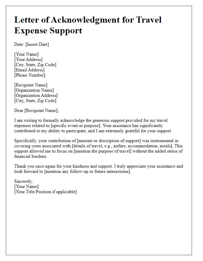 Letter template of acknowledgment for travel expense support.