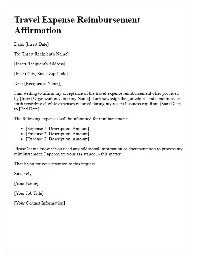 Letter template of affirmation for travel expense reimbursement offer.