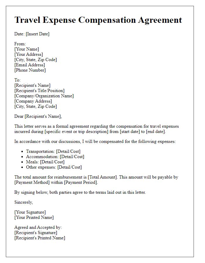 Letter template of agreement to travel expense compensation.